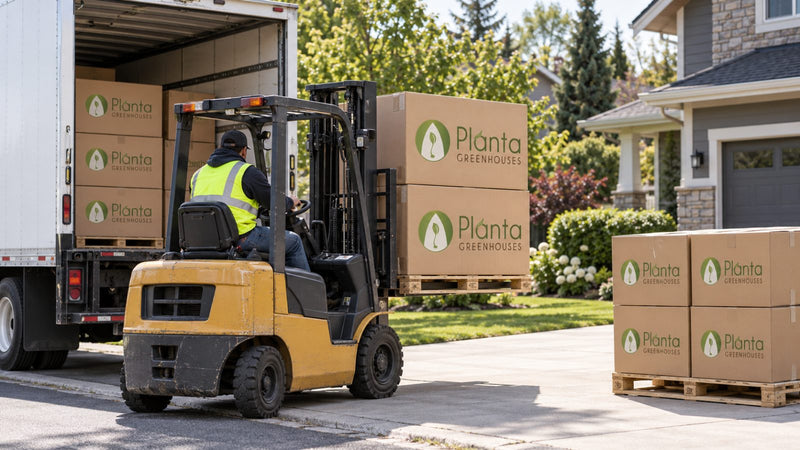 Forklift unloading palletised Planta greenhouse boxes onto a residential driveway