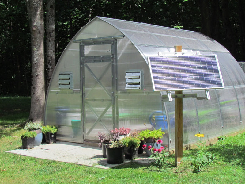Solar panel powering ventilation in a greenhouse