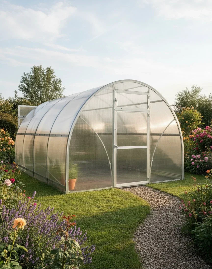 Polycarbonate  Sigma 300 (Gen III) greenhouse in a garden with flowers and a clear sky