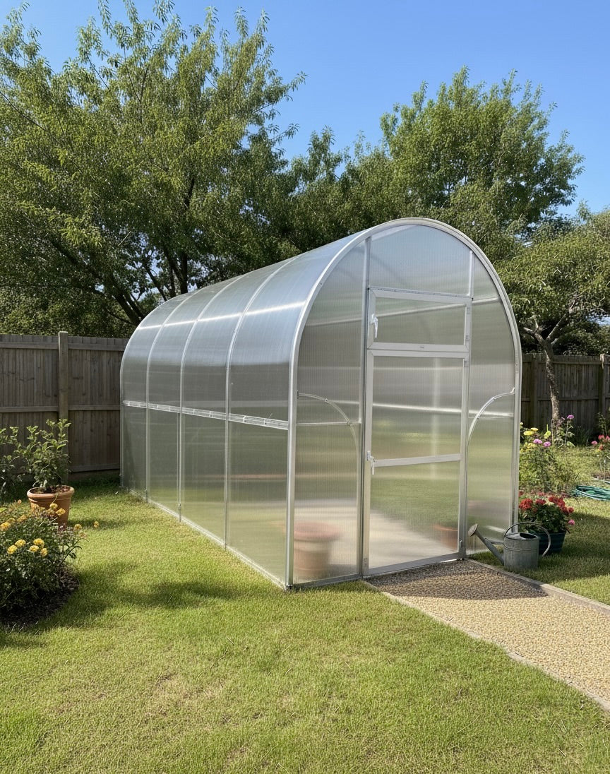 Clear polycarbonate Sigma 2x8 (Gen III) greenhouse in a backyard with trees and flowers-  Planta Greenhouses EU.