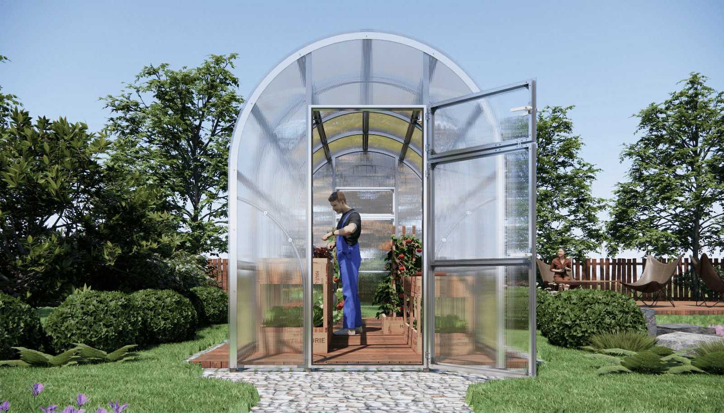 Clear Sigma 200 (Gen III) greenhouse with open door in a garden setting - by Planta Greenhouses EU.