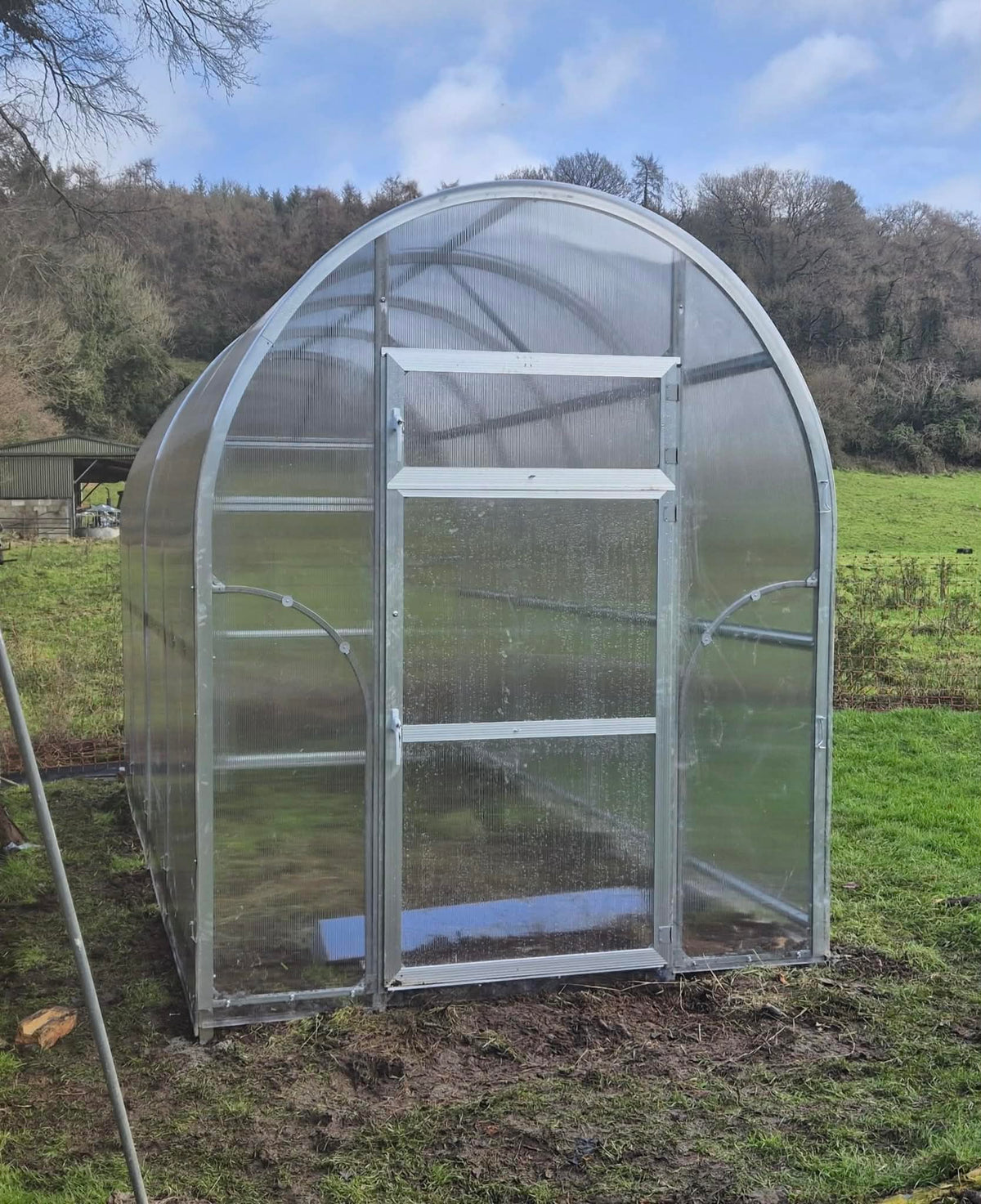 Sigma 2x6 (Gen III) greenhouse in a field with trees and sky in the background by Planta Greenhouses EU.