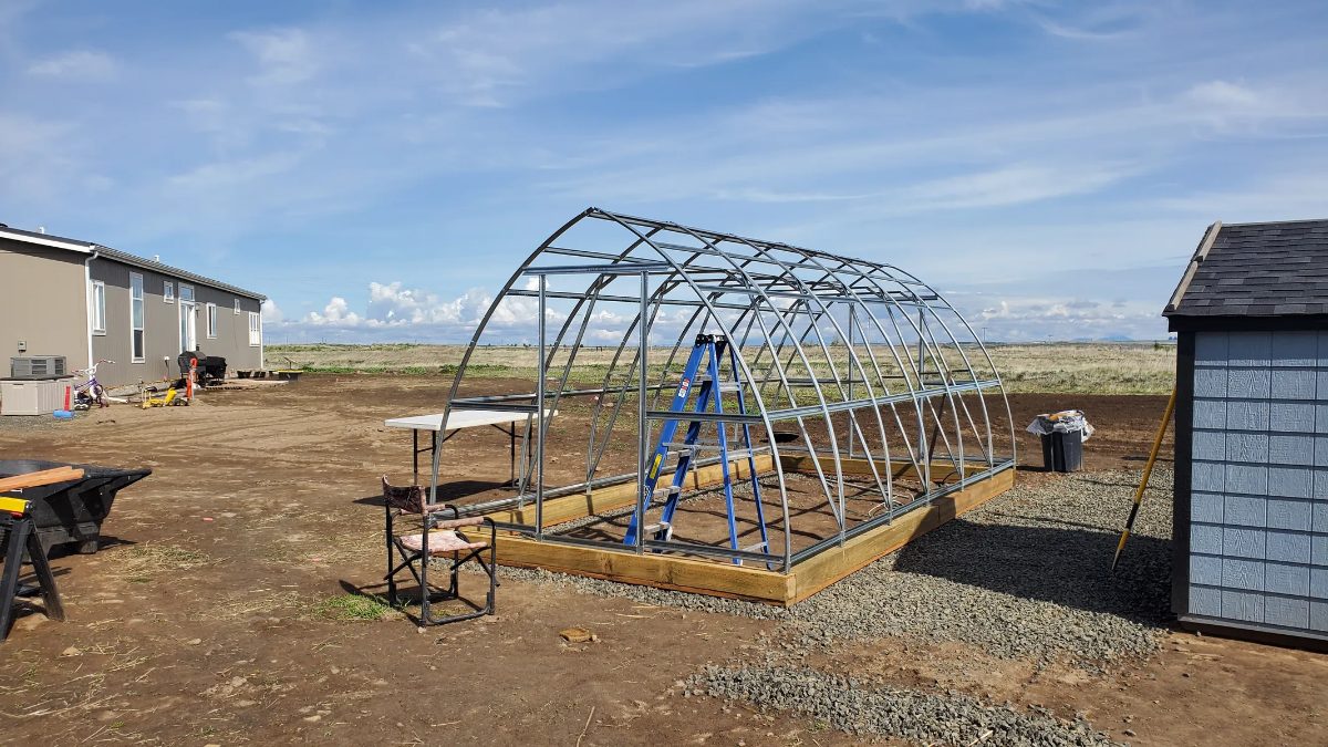Greenhouse frame on a timber base mid-build