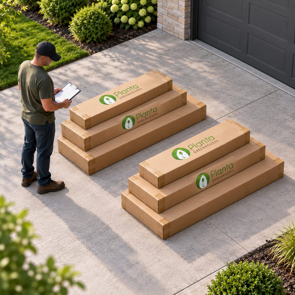 Customer checking delivered Planta greenhouse boxes on the driveway