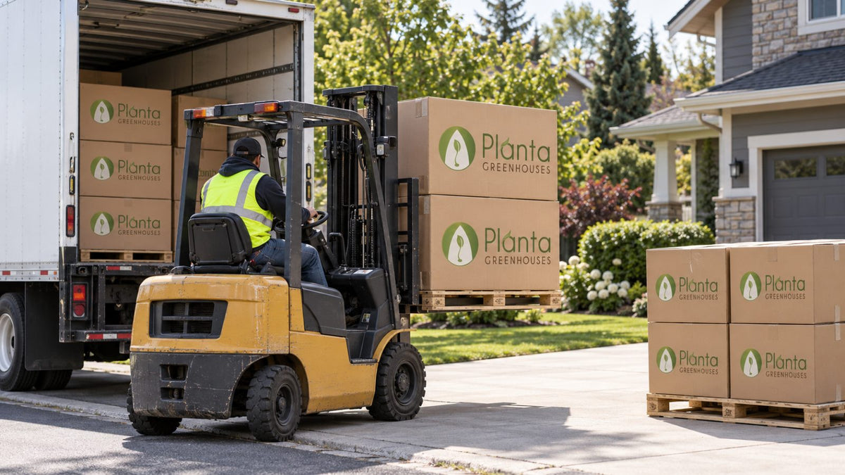 Forklift unloading palletised Planta greenhouse boxes onto a residential driveway