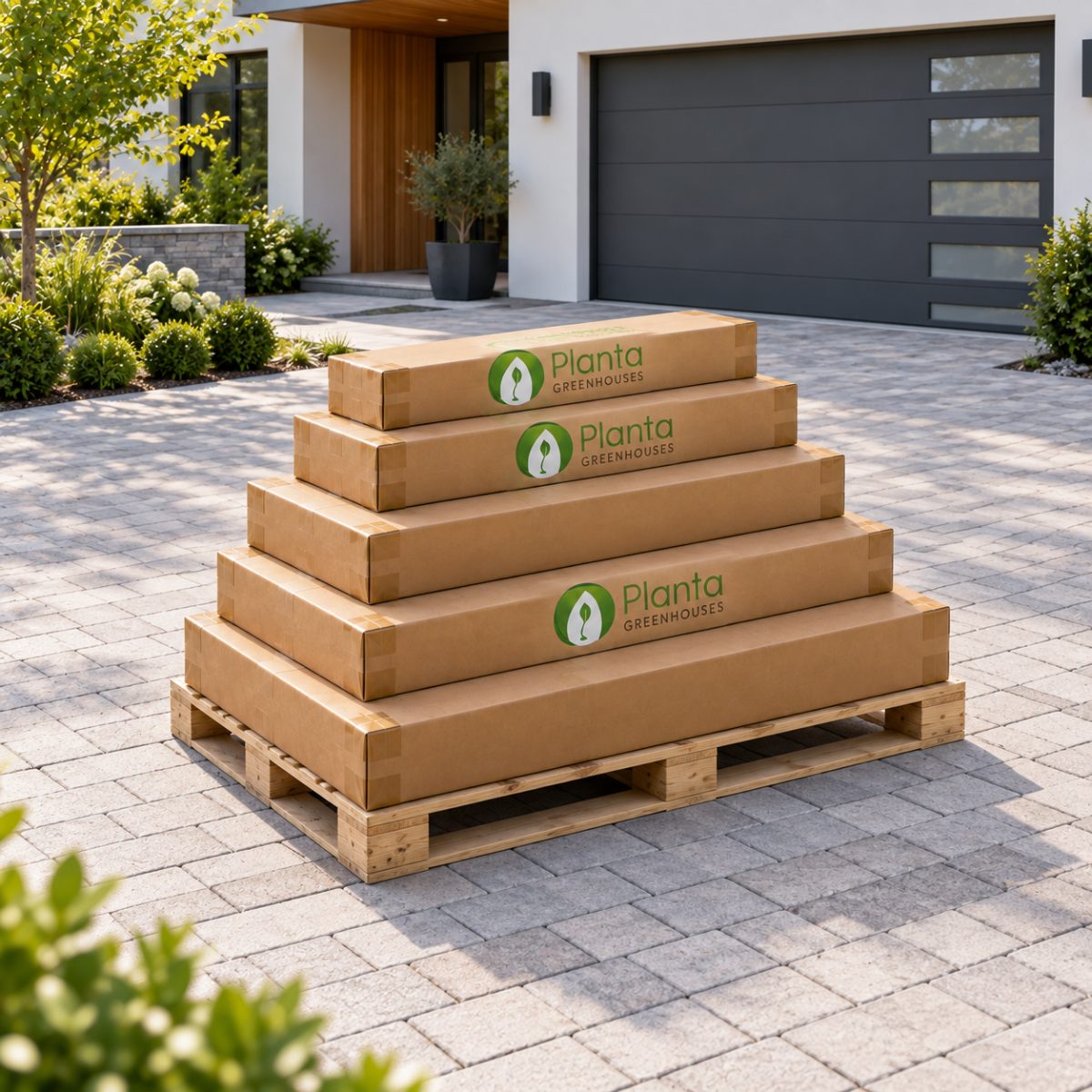 Flat-packed Planta greenhouse boxes stacked on a pallet in a driveway