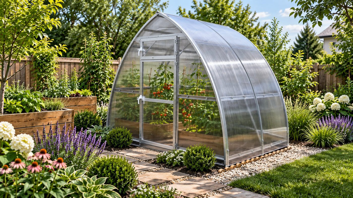 Compact backyard greenhouse beside raised beds