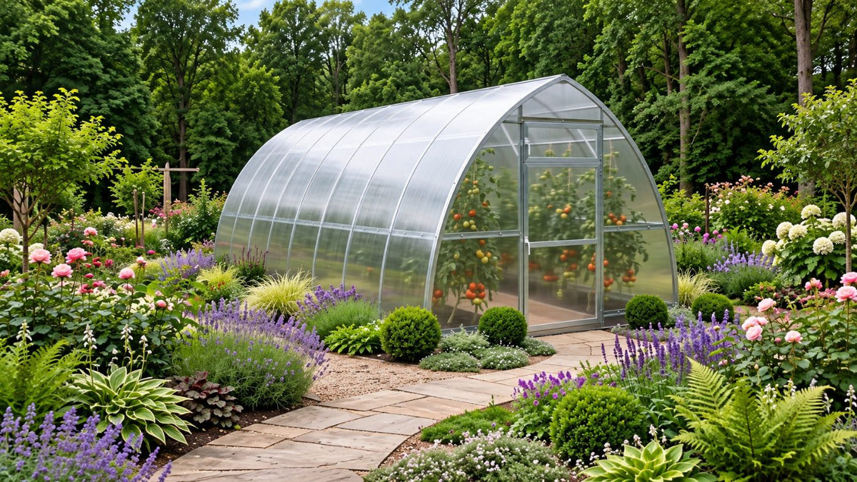 Sigma 20 greenhouse in a planted garden