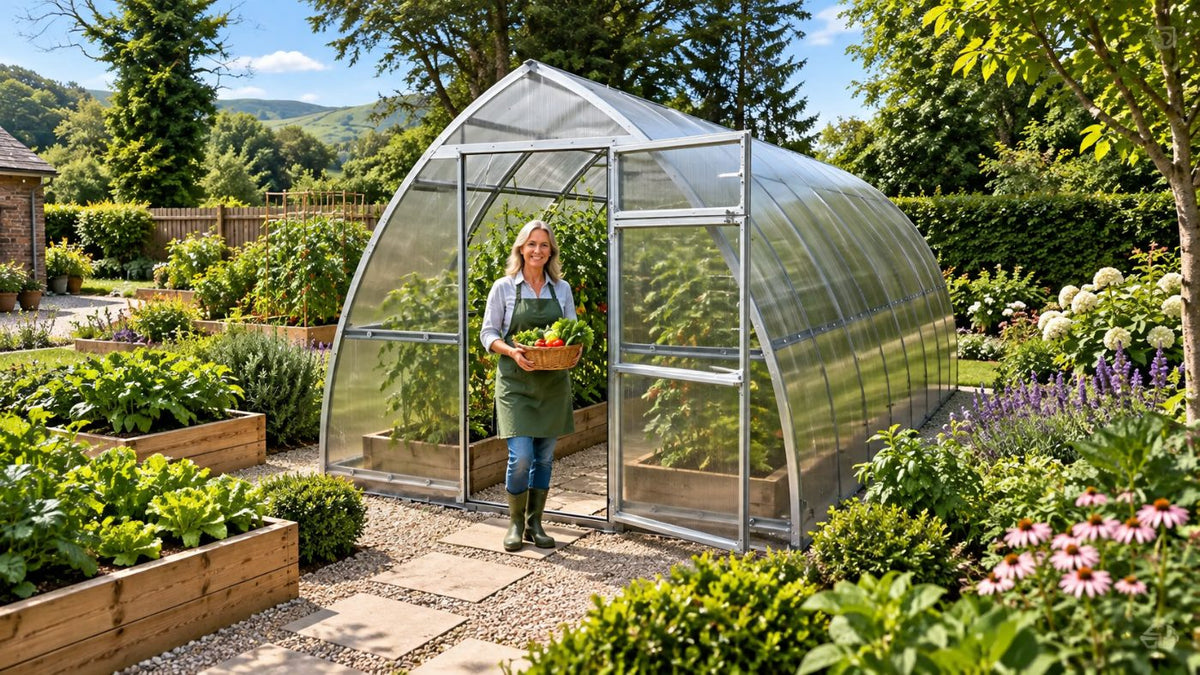 Gardener harvesting from a greenhouse with in-ground beds