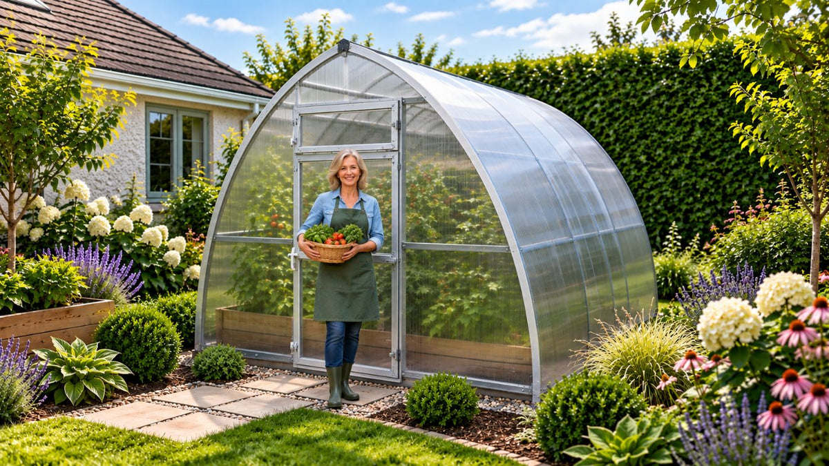Gardener with a basket of produce outside her greenhouse